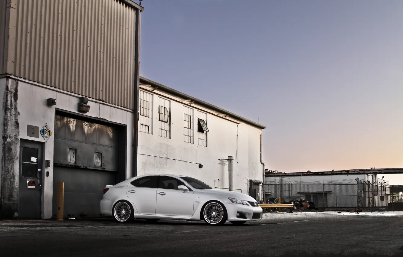 Photo wallpaper sky, sunset, Lexus, buildings, silvery, lexus is