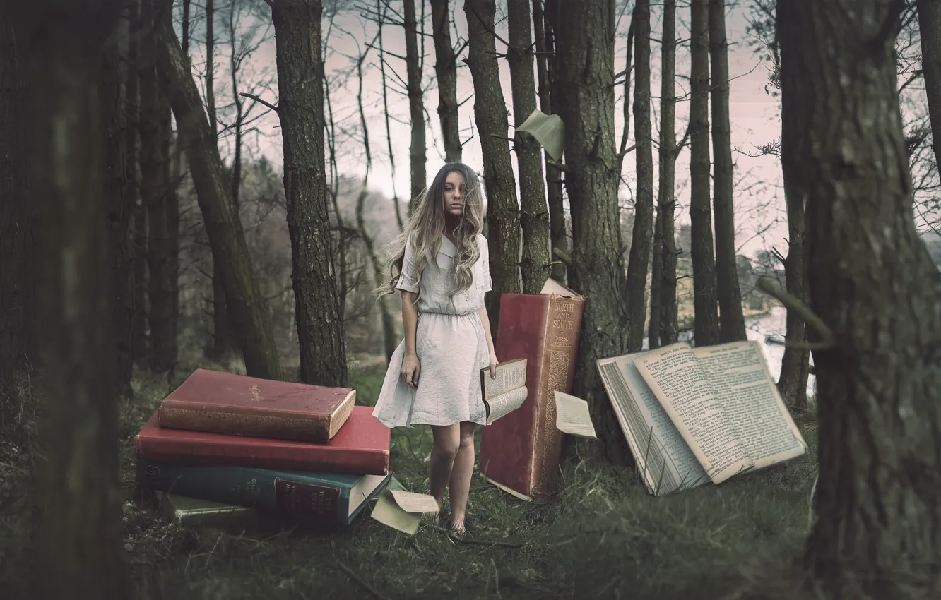 Photo wallpaper forest, girl, book