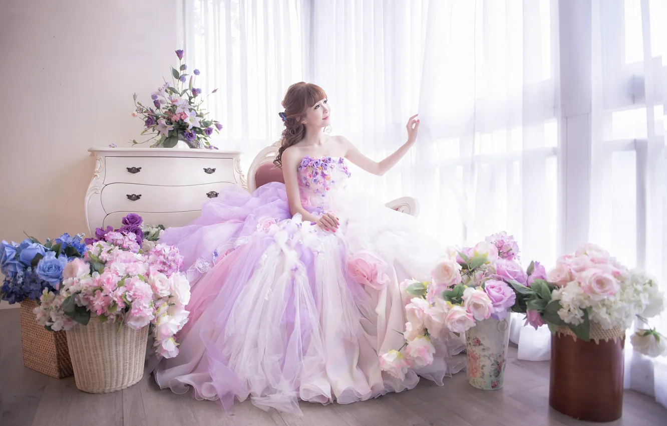Photo wallpaper Flowers, Girl, Design, Model, Style, Room, Asian, Dress
