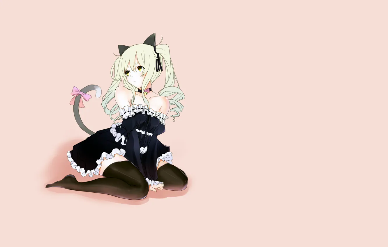 Photo wallpaper girl, pose, minimalism, tail, form, neko, pink background, ears