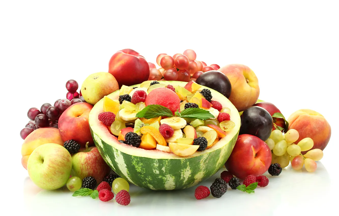 Photo wallpaper berries, raspberry, apples, watermelon, grapes, bananas, fruit, peaches