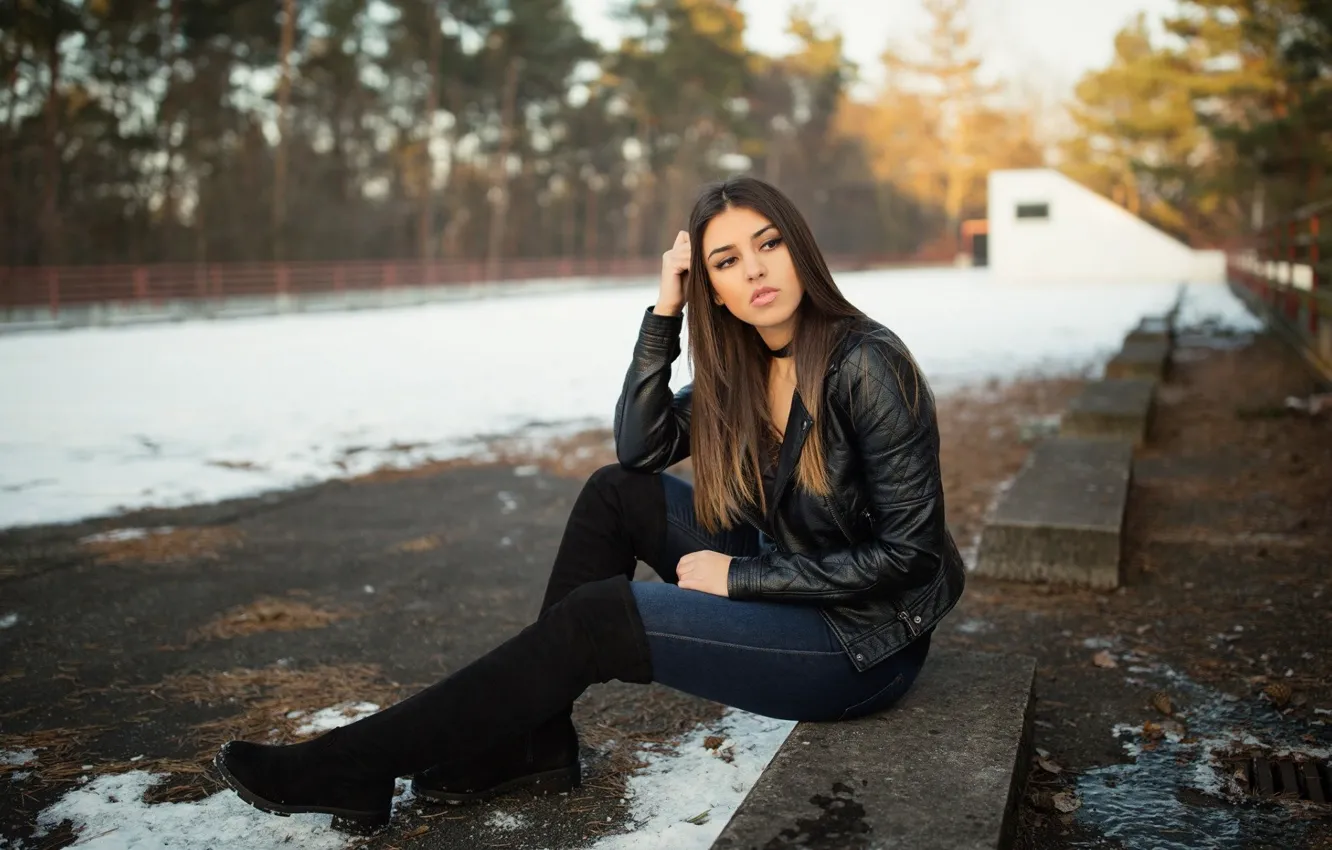 Photo wallpaper girl, leather, cute, boots, jacket