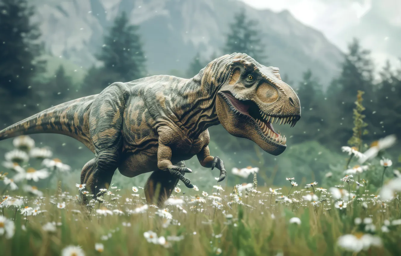 Photo wallpaper grass, flowers, mountains, animal, dinosaur, predator, Tyrannosaurus, digital art