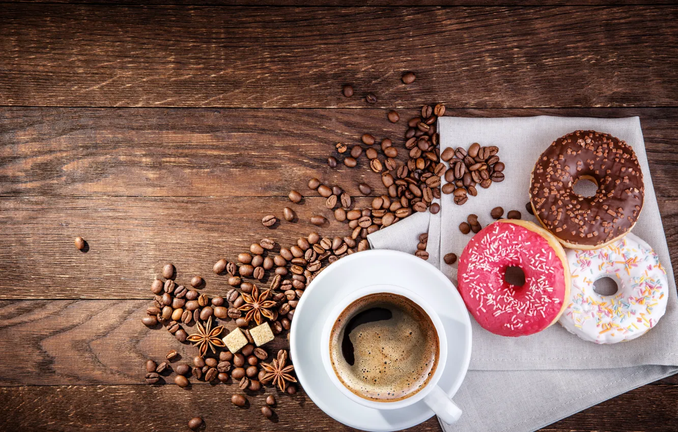 Photo wallpaper coffee, donuts, coffee beans, glaze, Anis