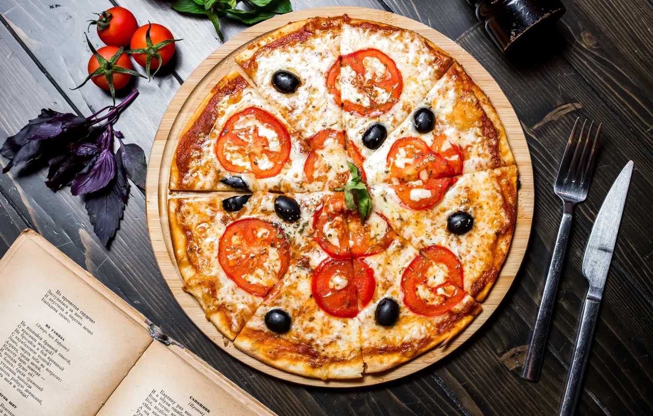 Photo wallpaper pizza, pizza, Margarita, tomato, olive, Margarita