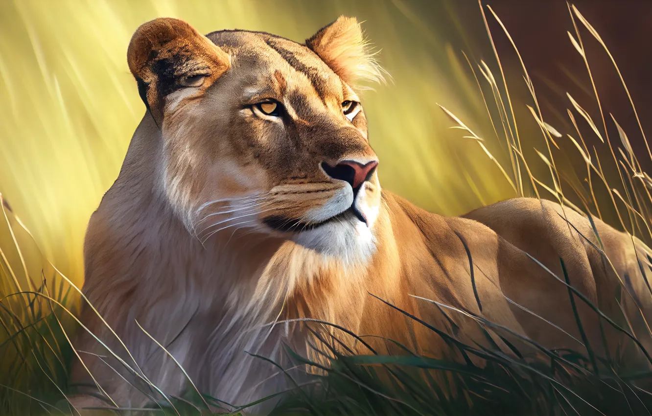 Photo wallpaper grass, look, face, lioness, big cat, predator, digital art, AI art
