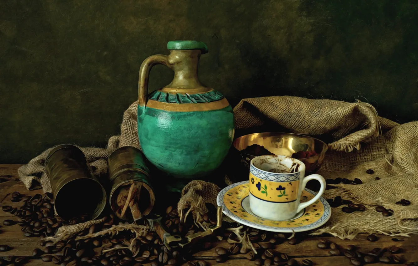 Photo wallpaper coffee, grain, Cup, pitcher, still life
