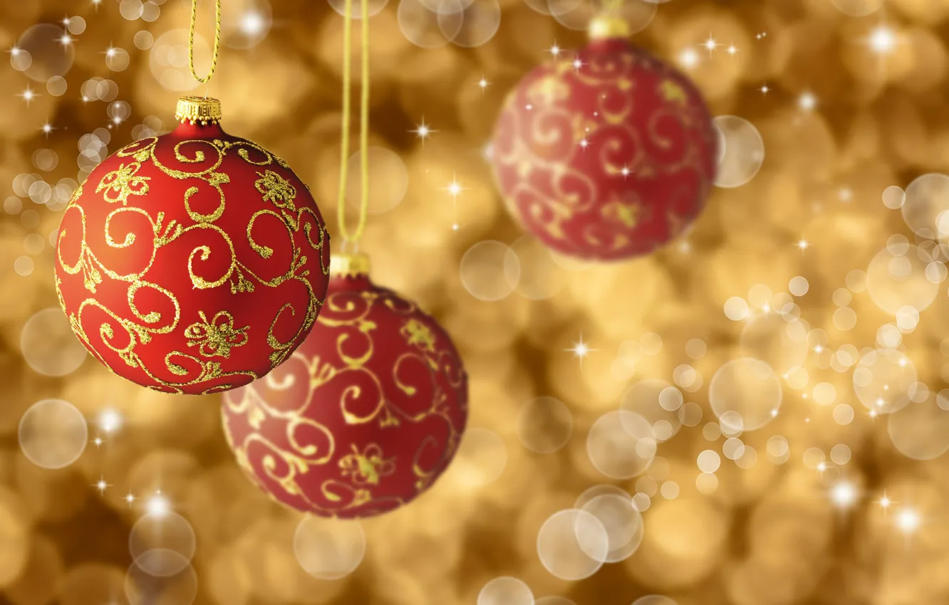 Photo wallpaper red, holiday, balls, pattern, new year, Christmas, gold, Christmas