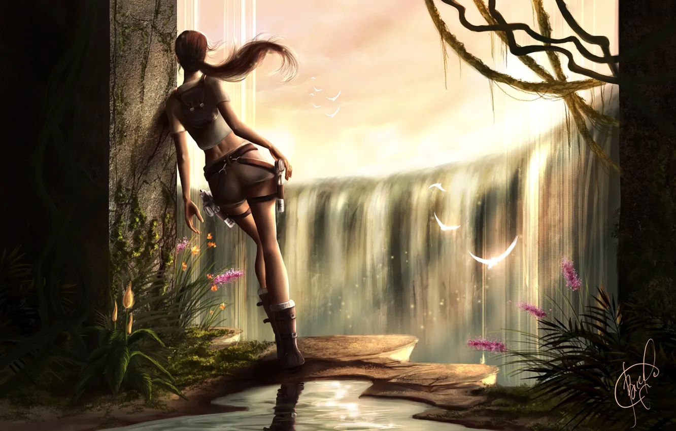 Photo wallpaper girl, light, wall, bird, plant, waterfall, opening, Tomb Raider