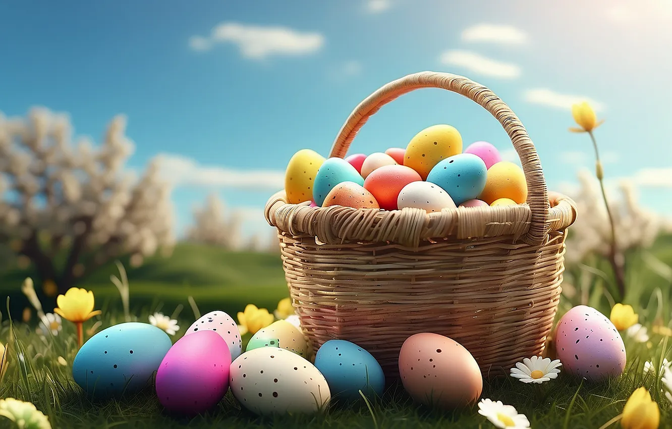 Photo wallpaper flowers, eggs, spring, colorful, Easter, flowers, spring, Easter