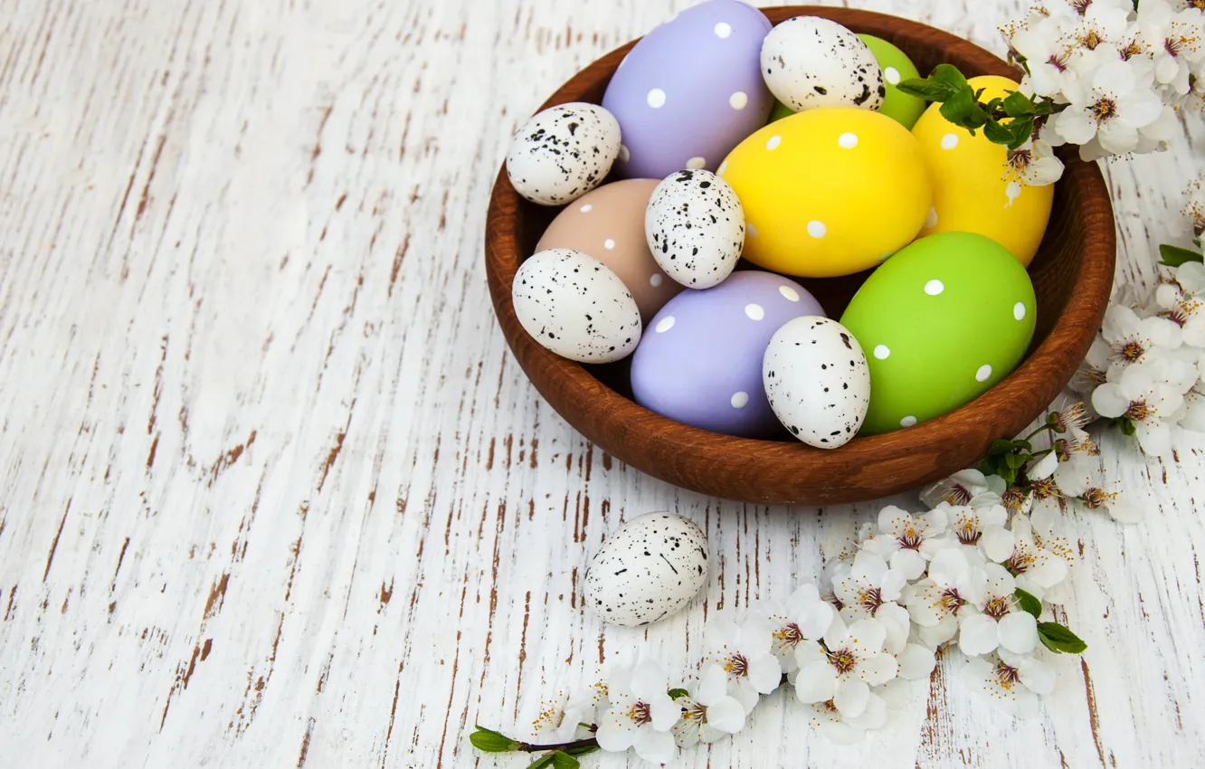 Photo wallpaper flowers, eggs, spring, colorful, Easter, wood, blossom, flowers