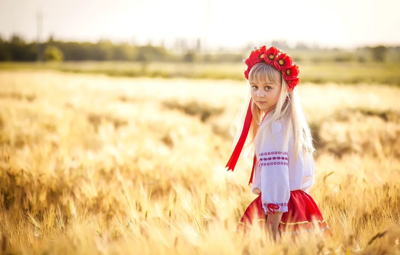 Photo wallpaper wheat, field, girl, Ukraine, wreath, Ukrainian