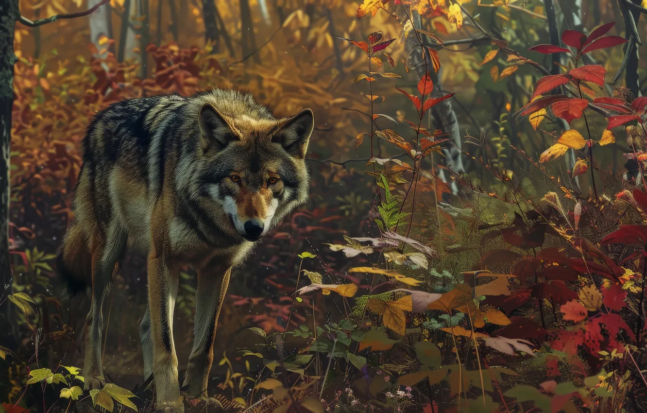 Photo wallpaper Grass, Trees, Forest, Wolf, Predator, Digital art, AI art, The Art of Artificial Intelligence