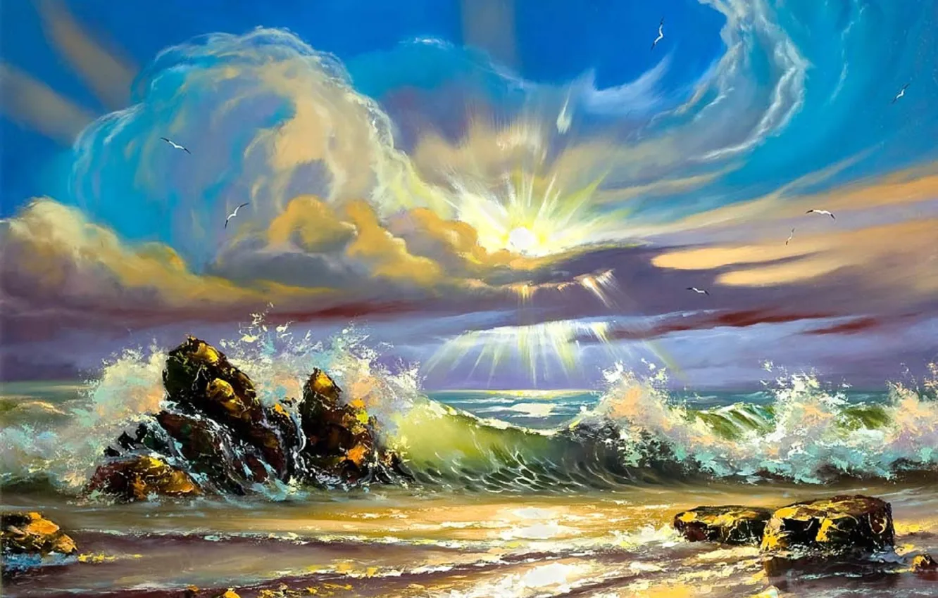 Photo wallpaper sea, the sky, the sun, clouds, landscape, stones, Wallpaper, shore
