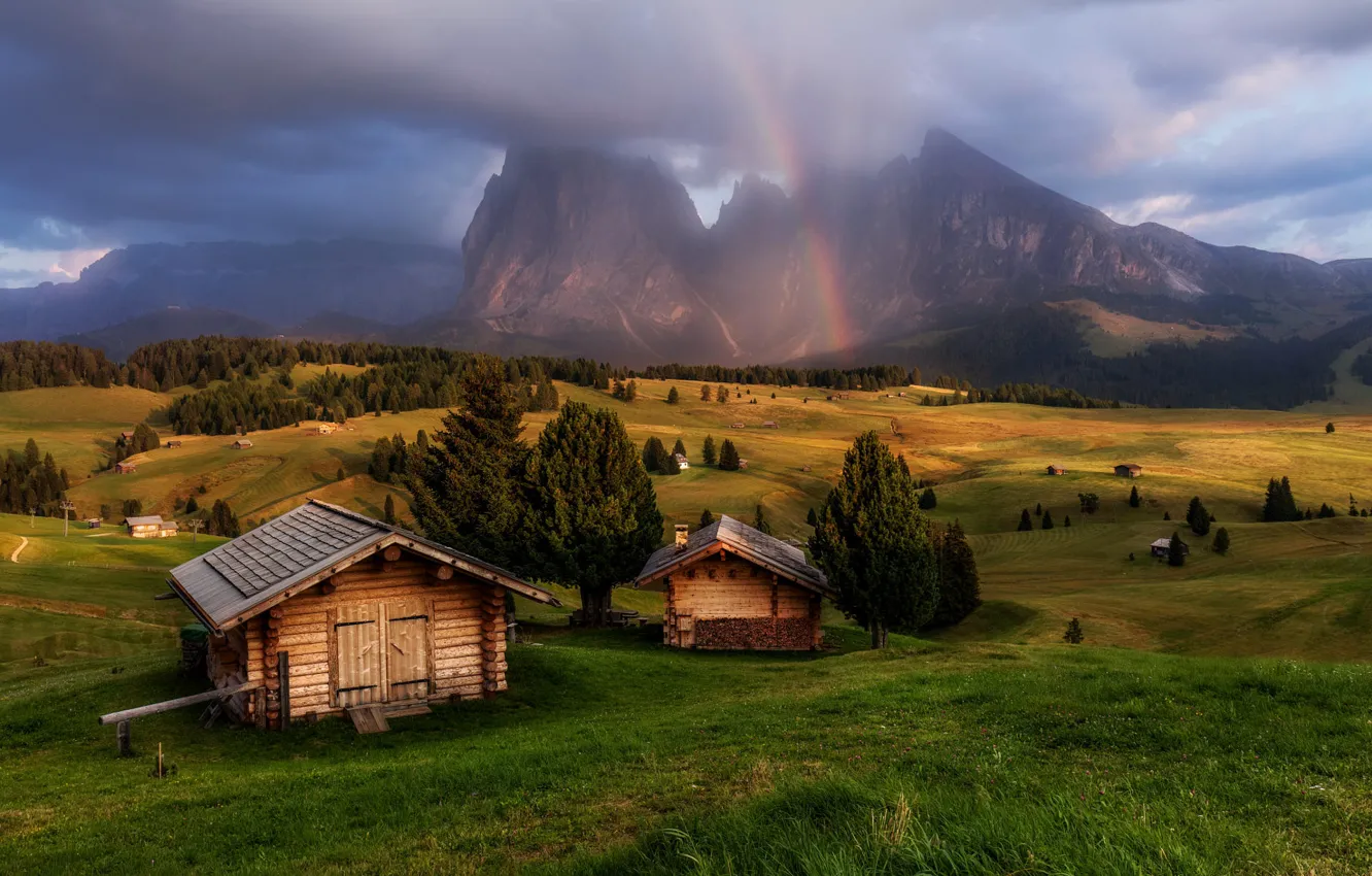 Photo wallpaper mountains, field, Alps, houses