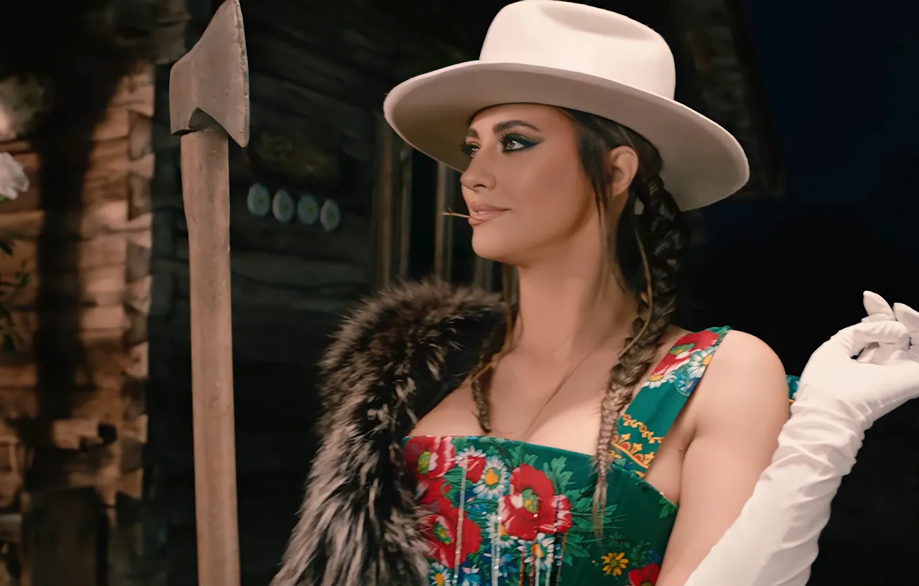 Photo wallpaper axe, girl, hat, model, singer, brunette, pose, Romanian