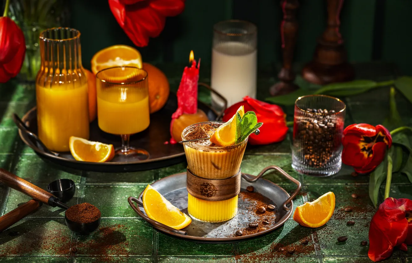 Photo wallpaper table, orange, dessert