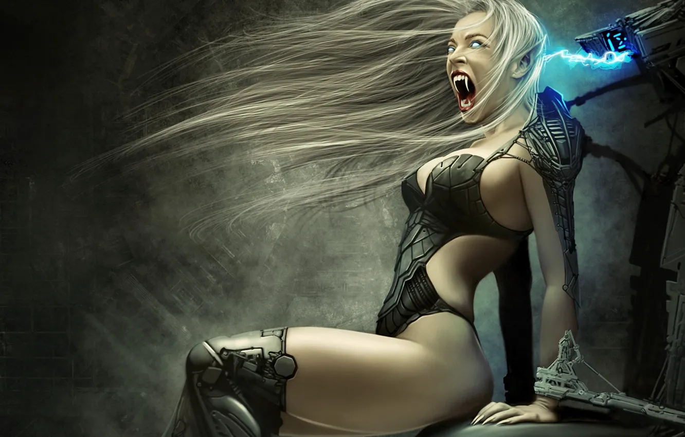 Photo wallpaper girl, chair, art, electricity, fangs, vampire, Creek, charge
