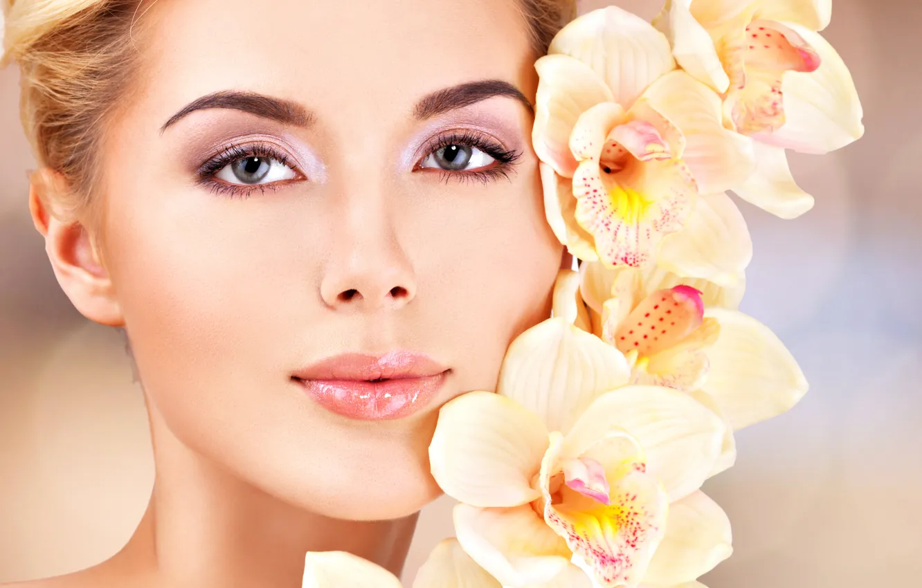 Photo wallpaper eyes, girl, flowers, face, lips