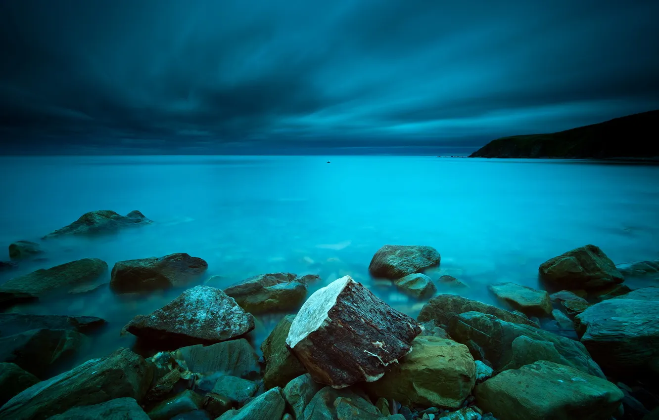 Photo wallpaper sea, landscape, night, stones