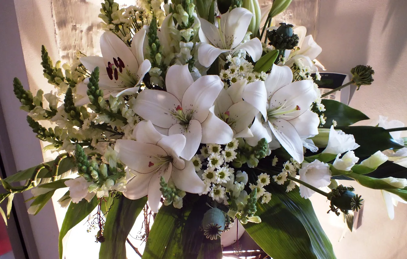 Photo wallpaper white, flowers, photo, Lily, bouquet, chrysanthemum, gladiolus