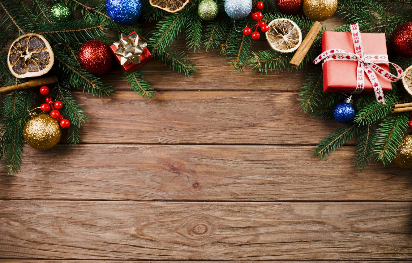 Photo wallpaper balls, tree, New Year, Christmas, gifts, Christmas, balls, wood