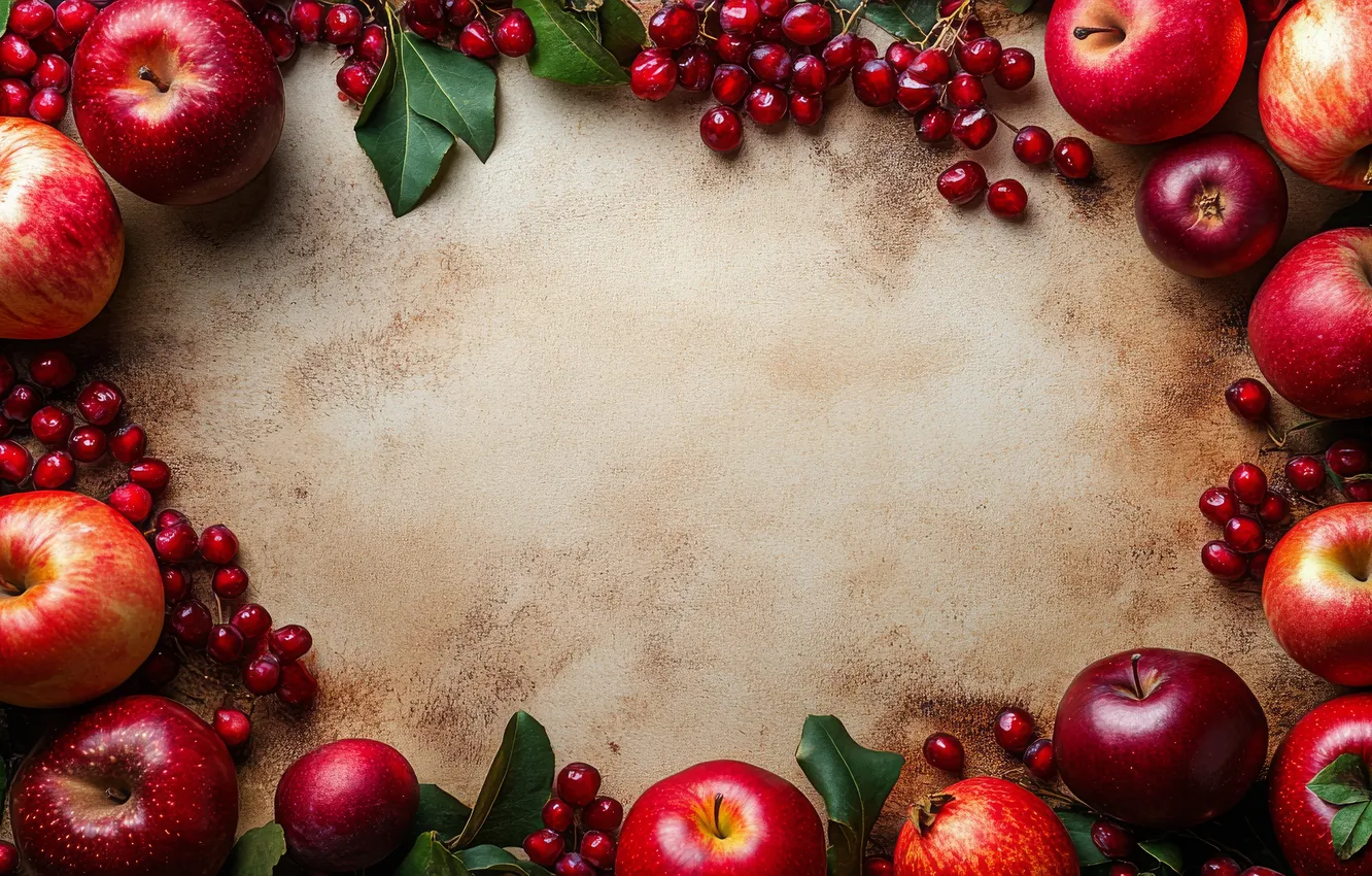Photo wallpaper leaves, red, apples, texture, garnet, composition, beige background, pomegranate grains