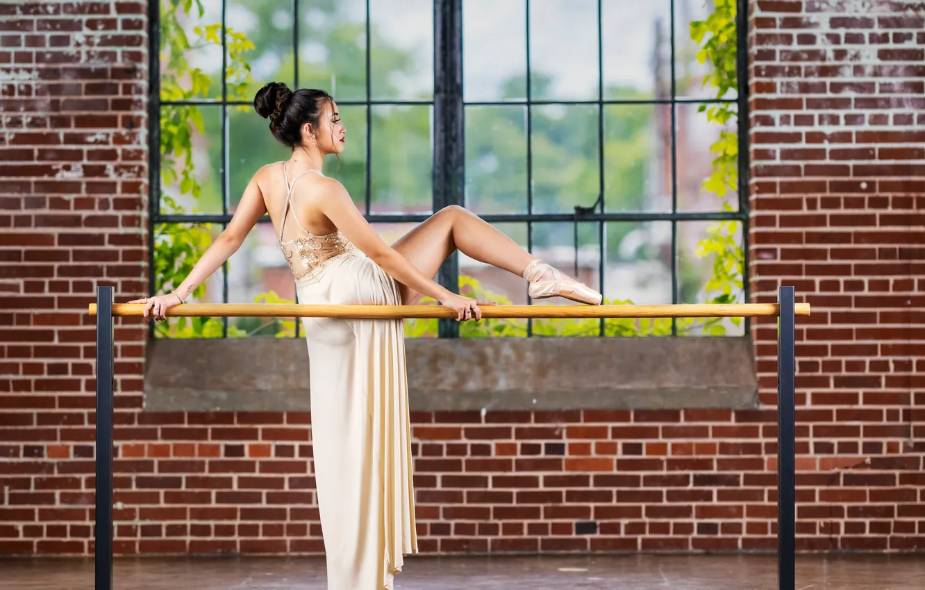 Photo wallpaper girl, pose, dress, brunette, window, legs, ballerina, Pointe shoes