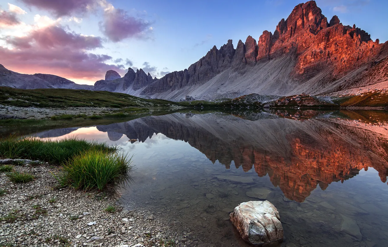 Photo wallpaper grass, landscape, mountains, nature, lake, reflection, stones, dawn