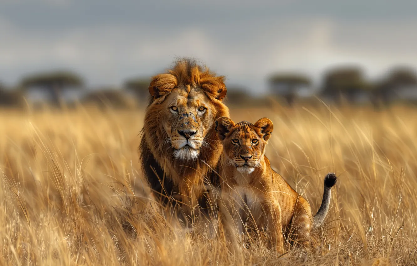 Photo wallpaper grass, Leo, Savannah, two, lioness, big cats, digital art, AI art