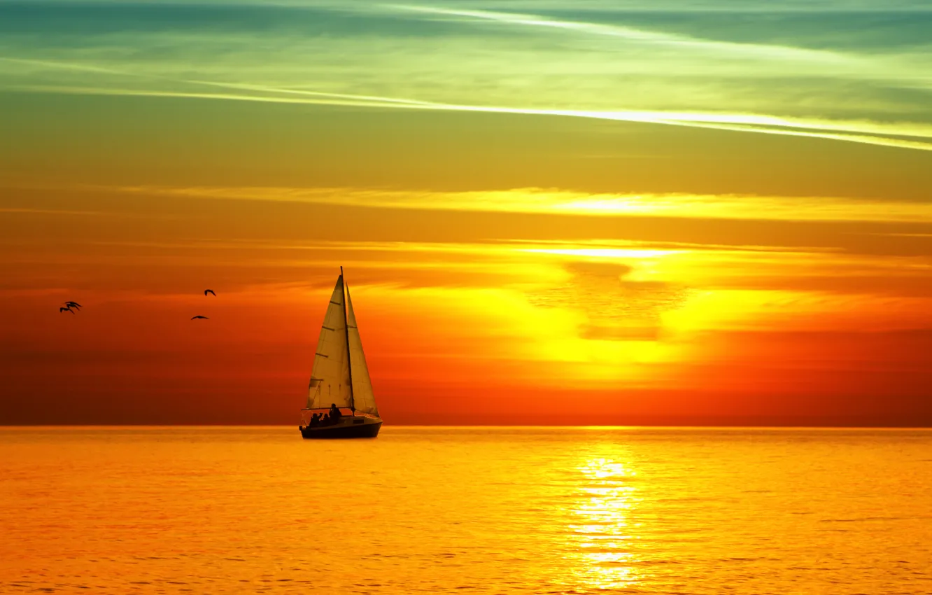 Photo wallpaper sea, sunset, yacht, sail, bright