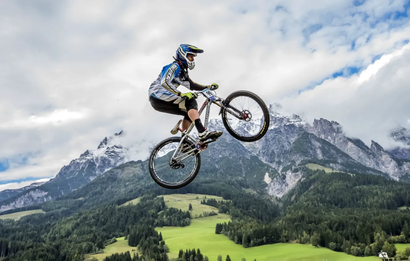 Photo wallpaper the sky, mountains, bike, jump, sport, horizon, extreme, forest