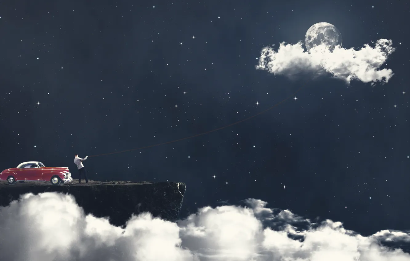 Photo wallpaper machine, auto, the sky, stars, clouds, the moon, rope, moon