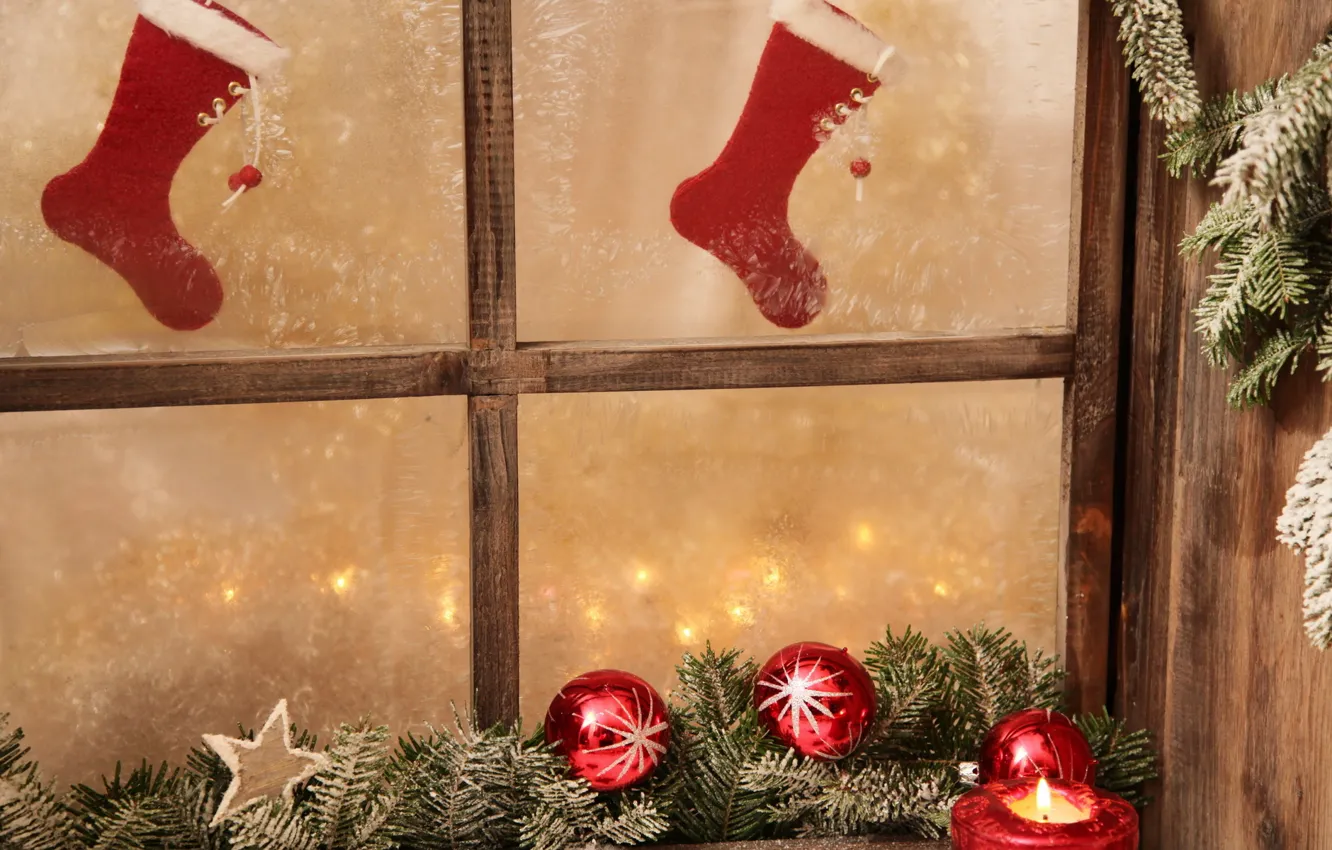 Photo wallpaper light, snow, holiday, new year, stockings, window