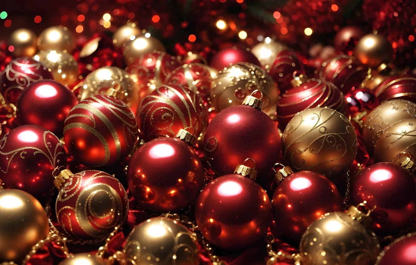 Photo wallpaper balls, Christmas, New year, red, golden, new year, Christmas, balls