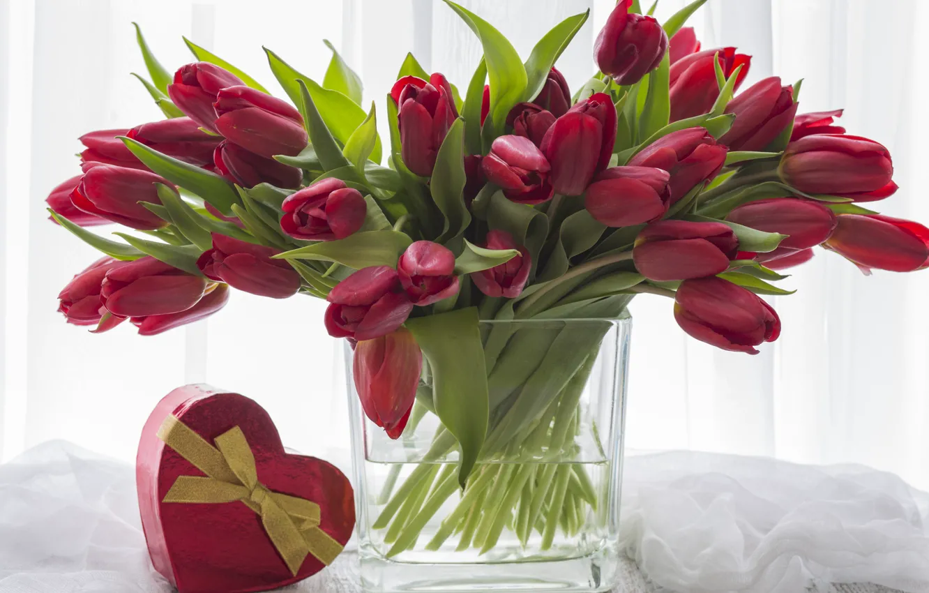 Photo wallpaper flowers, gift, heart, bouquet, tulips, red, red, love