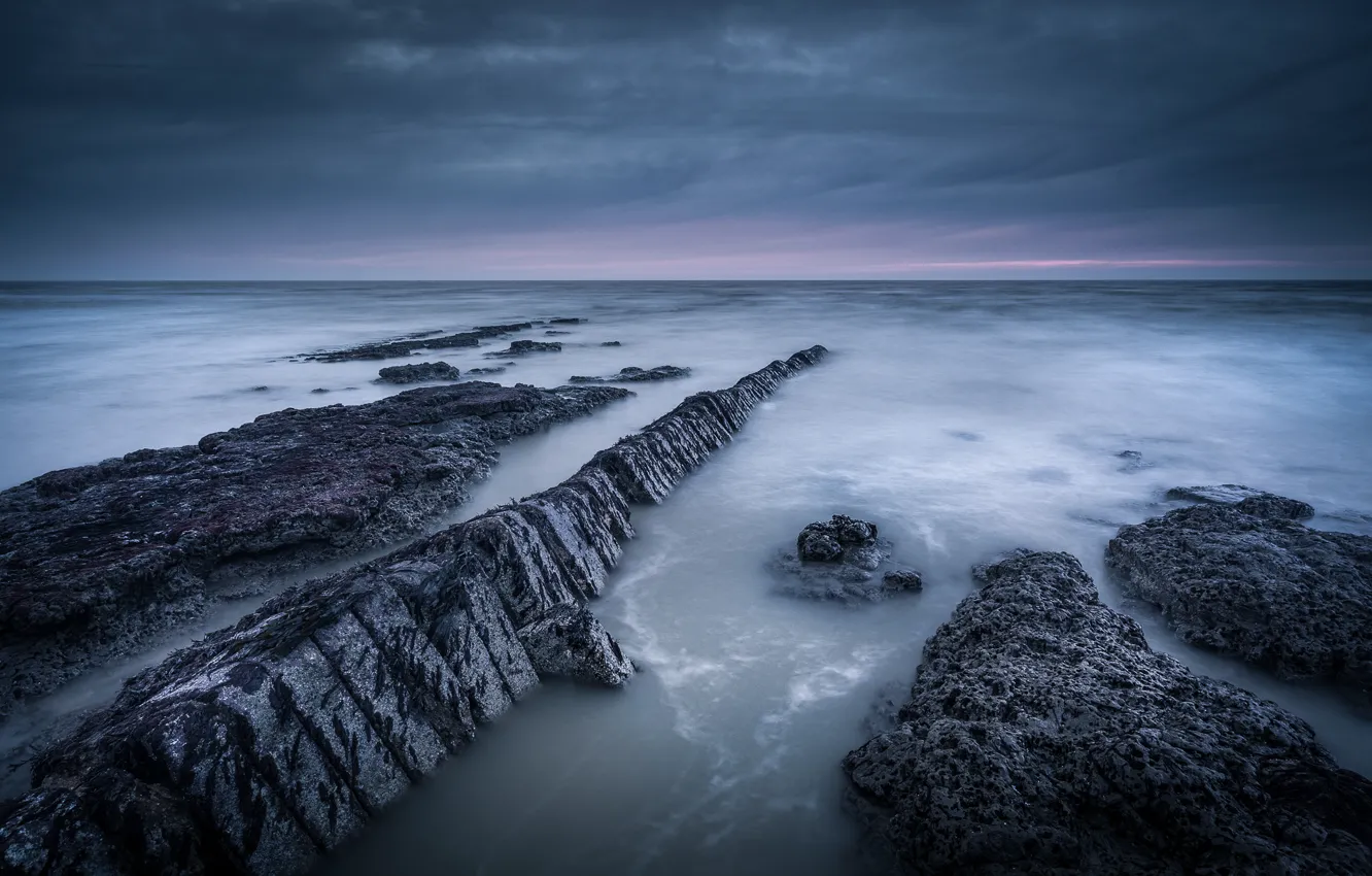 Photo wallpaper the sky, clouds, rocks, shore, England, the evening, UK, North sea
