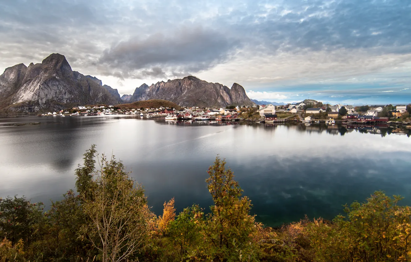 Photo wallpaper trees, mountains, reflection, river, boat, home, village, river