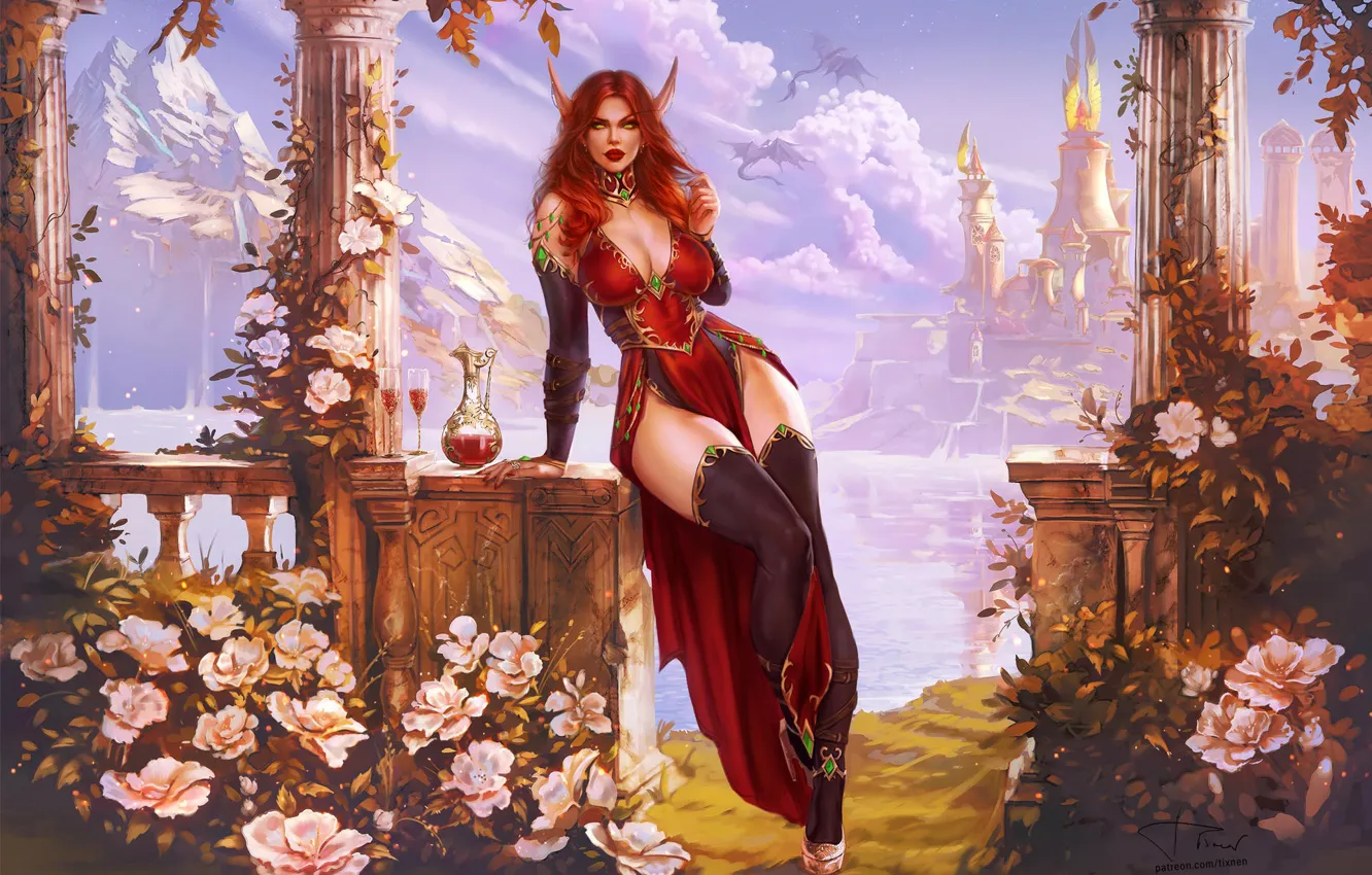 Photo wallpaper Flowers, Girl, Dress red, Warcraft, Blizzard, View, Blood, Sharp ears
