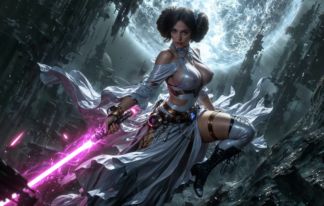 Photo wallpaper battle, Star Wars, star wars, bust, lightsaber, digital art, Leia Organa, fantasy art