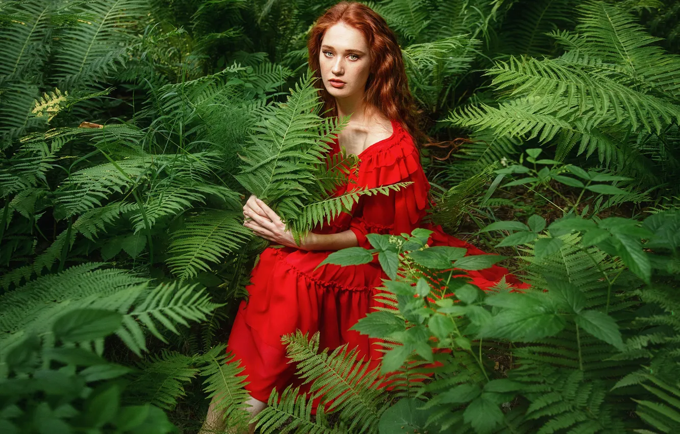 Photo wallpaper look, girl, pose, red, red dress, fern, redhead, Anastasia Barmina