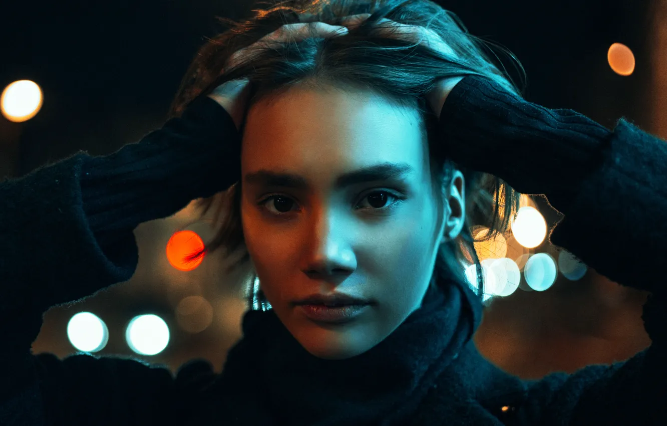 Photo wallpaper look, night, lights, pose, model, portrait, makeup, hairstyle