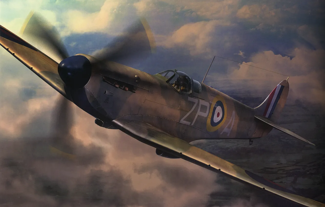 Photo wallpaper the sky, clouds, flight, war, fighter, art, British, Spitfire