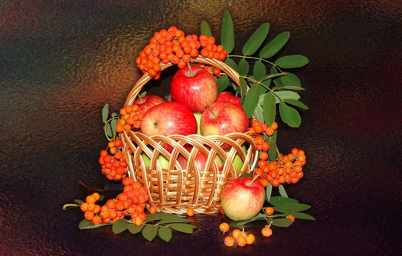 Photo wallpaper mood, apples, still life, basket, Rowan, author's photo by Elena Anikina