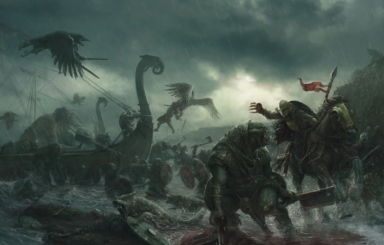 Photo wallpaper sea, rain, blood, ship, wings, monster, art, battle