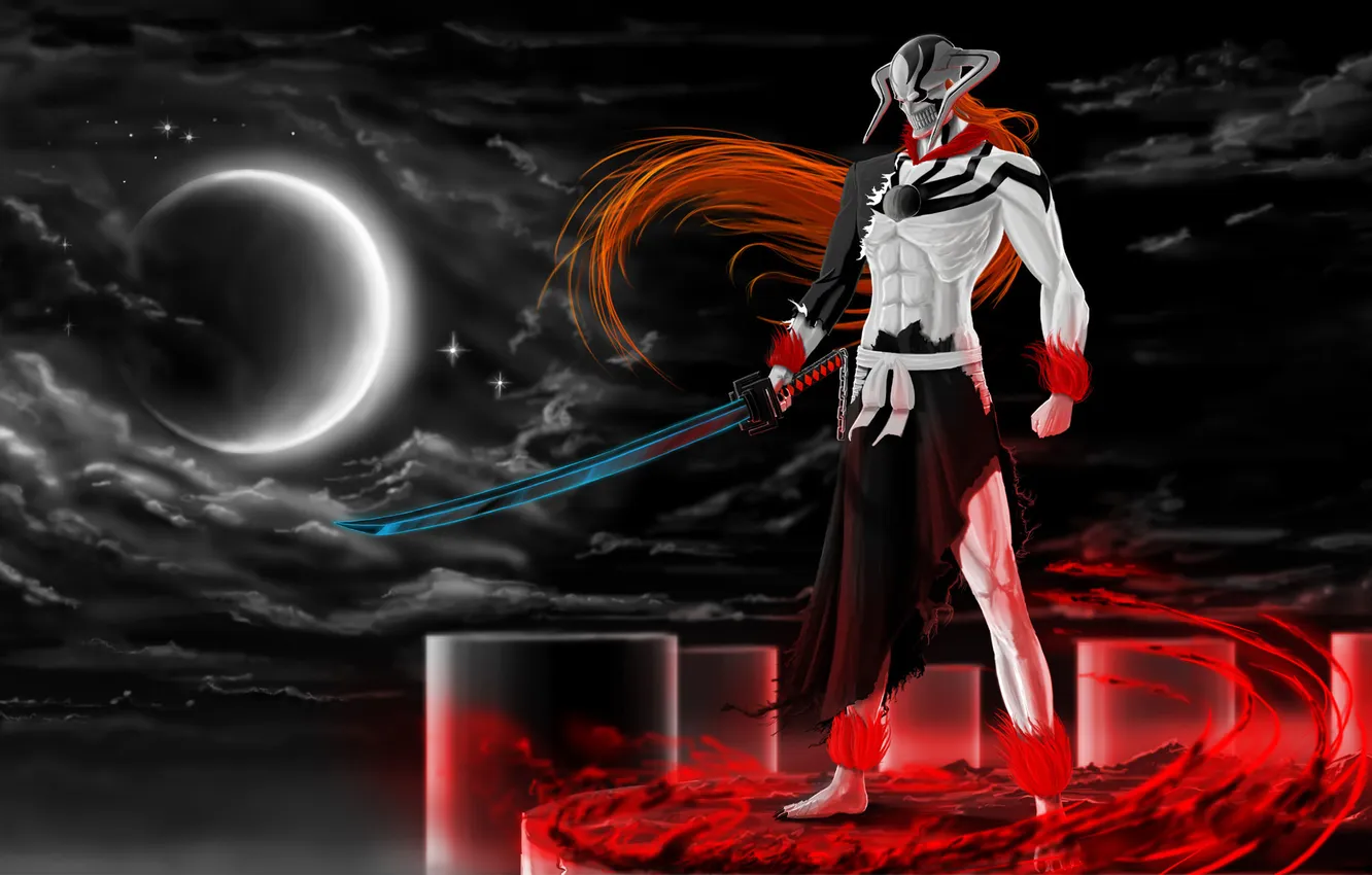 Photo wallpaper night, magic, the moon, sword, art, horns, Bleach, Ichigo