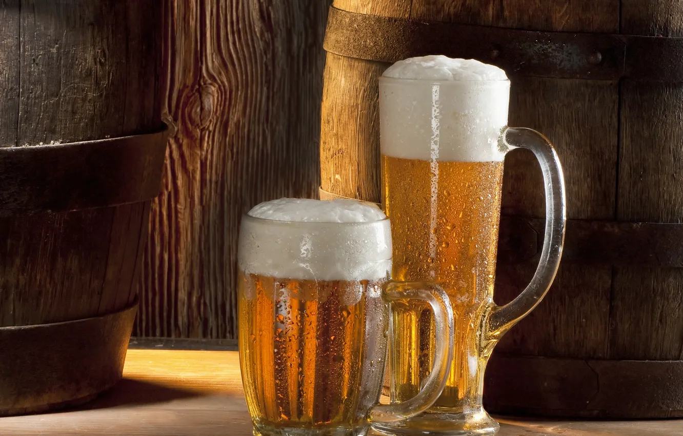Photo wallpaper foam, glass, beer, drink, barrel, cold beer