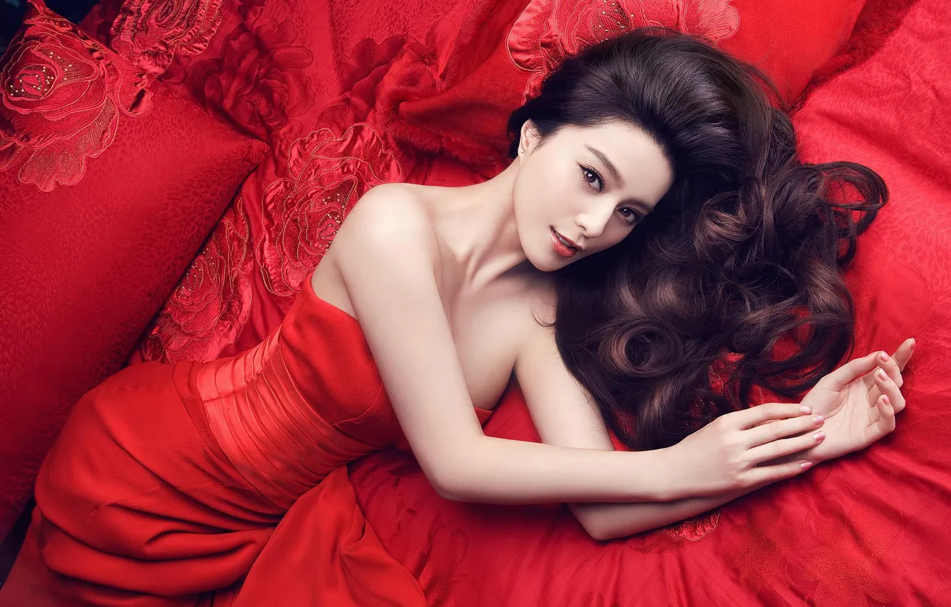 Photo wallpaper look, red, bed, pillow, dress, brunette, Asian