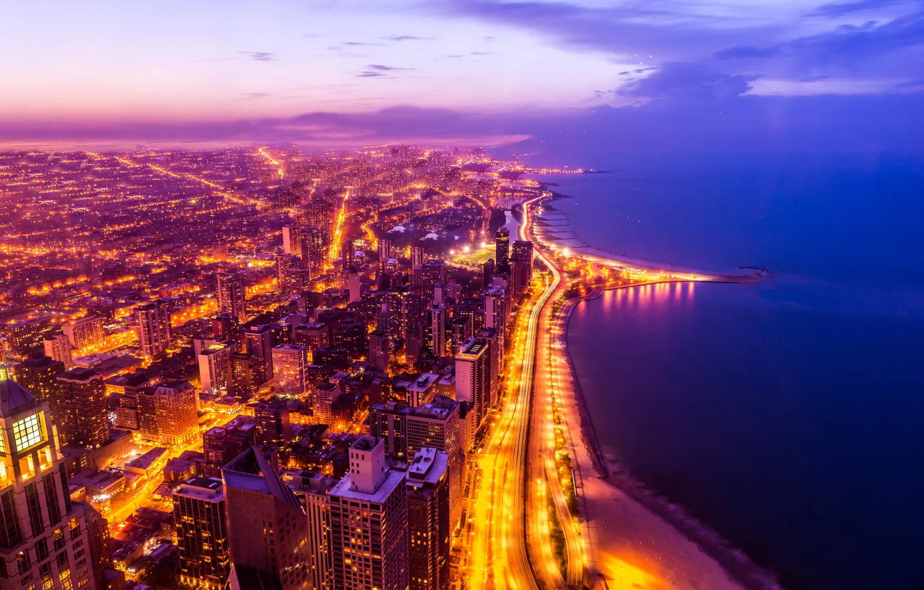 Photo wallpaper night, lights, building, height, skyscrapers, Chicago, America, Il