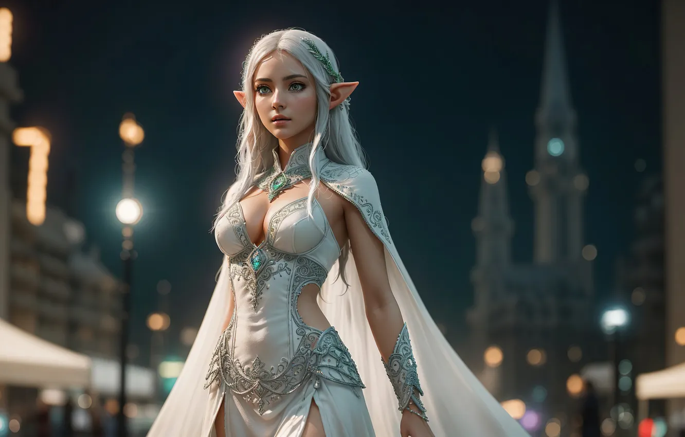 Photo wallpaper girl, fantasy, dress, night, art, blond, elf, digital art